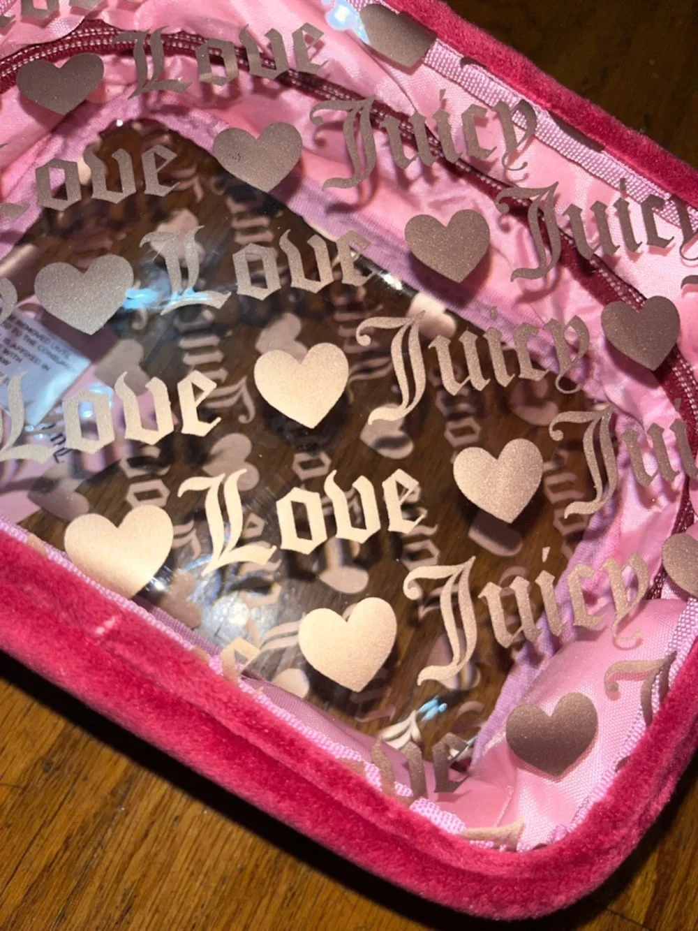 NWT Juicy Couture Clear Cosmetic Bag with Velvet Trim and Juicy Travel Bottle